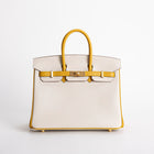 BIRKIN 25 TOGO LEATHER HORSESHOE STAMP (HSS) BI-COLOR CRAIE & JAUNE AMBRE WITH BRUSHED GOLD HARDWARE (BGHW)