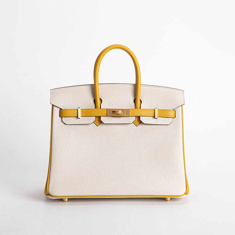 BIRKIN 25 TOGO LEATHER HORSESHOE STAMP (HSS) BI-COLOR CRAIE & JAUNE AMBRE WITH BRUSHED GOLD HARDWARE (BGHW)
