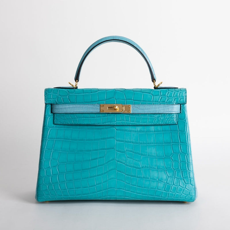 KELLY 32 MATTE NILOTICUS CROCODILE LEATHER HORSESHOE STAMP (HSS) BI-COLOR BLEU PAON & BLEU SAINT CYR WITH GOLD HARDWARE (GHW)