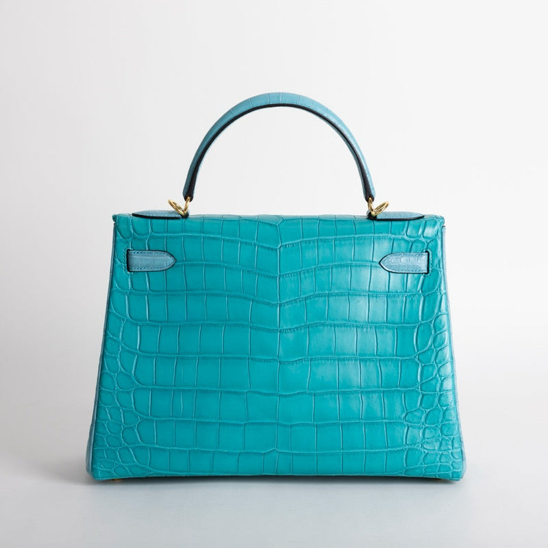 KELLY 32 MATTE NILOTICUS CROCODILE LEATHER HORSESHOE STAMP (HSS) BI-COLOR BLEU PAON & BLEU SAINT CYR WITH GOLD HARDWARE (GHW)