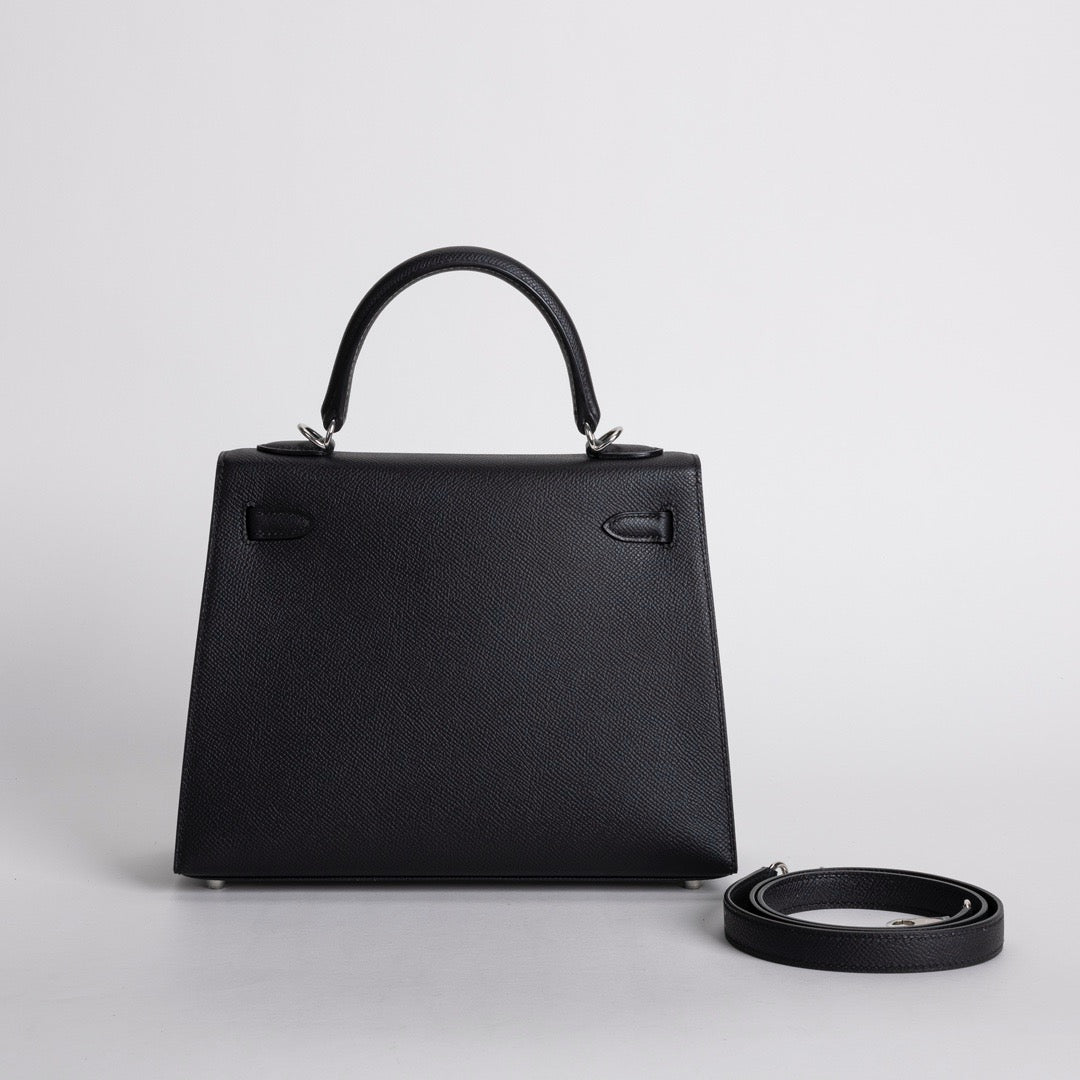 KELLY 25 EPSOM LEATHER NOIR (BLACK) WITH PALLADIUM HARDWARE (PHW)