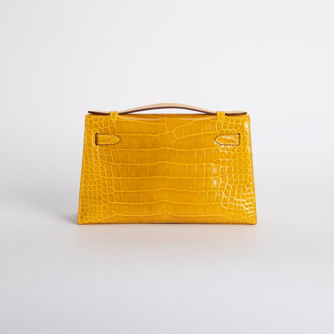 KELLY POCHETTE SHINY MISSISSIPPIENSIS ALLIGATOR LEATHER JAUNE AMBRE WITH GOLD HARDWARE (GHW)