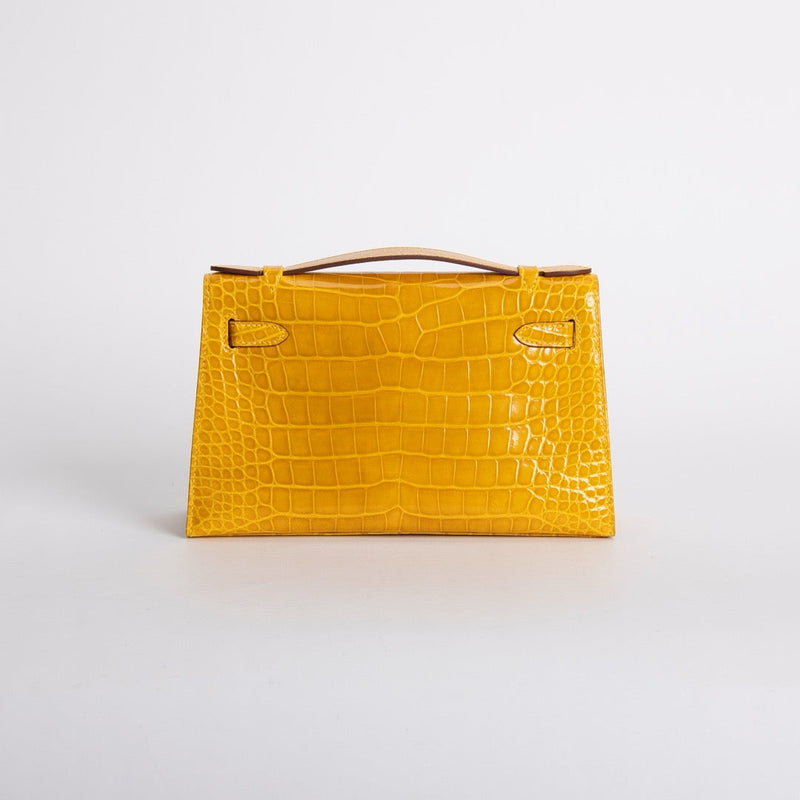 KELLY POCHETTE SHINY MISSISSIPPIENSIS ALLIGATOR LEATHER JAUNE AMBRE WITH GOLD HARDWARE (GHW)