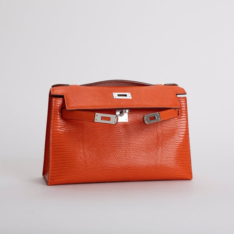 KELLY POCHETTE LIZARD LEATHER ORANGE WITH PALLADIUM HARDWARE (PHW)