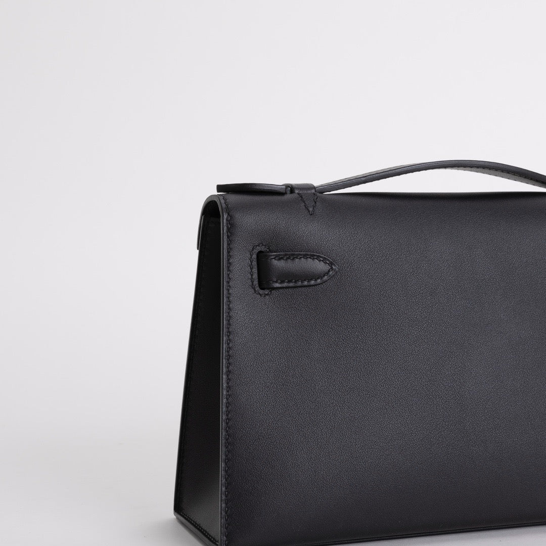 KELLY POCHETTE SWIFT LEATHER NOIR (BLACK) WITH PALLADIUM HARDWARE (PHW)