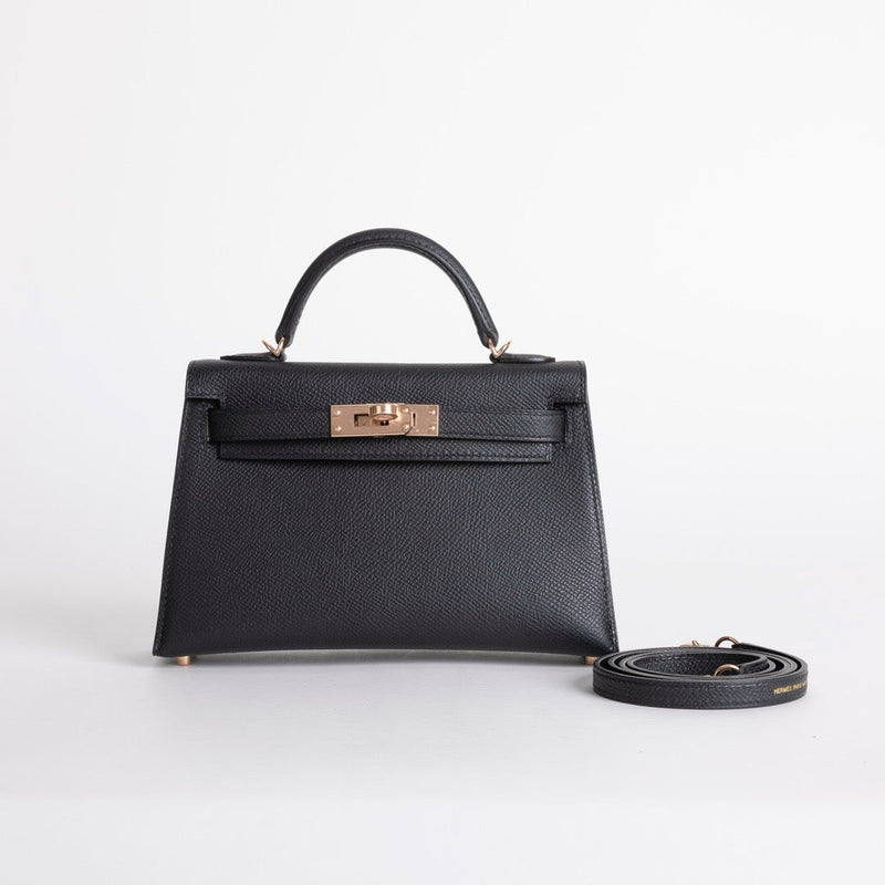 MINI KELLY II (20) EPSOM LEATHER NOIR (BLACK) WITH ROSE GOLD HARDWARE (RGHW)
