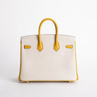 BIRKIN 25 TOGO LEATHER HORSESHOE STAMP (HSS) BI-COLOR CRAIE & JAUNE AMBRE WITH BRUSHED GOLD HARDWARE (BGHW)