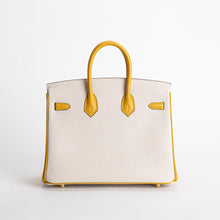 BIRKIN 25 TOGO LEATHER HORSESHOE STAMP (HSS) BI-COLOR CRAIE & JAUNE AMBRE WITH BRUSHED GOLD HARDWARE (BGHW)