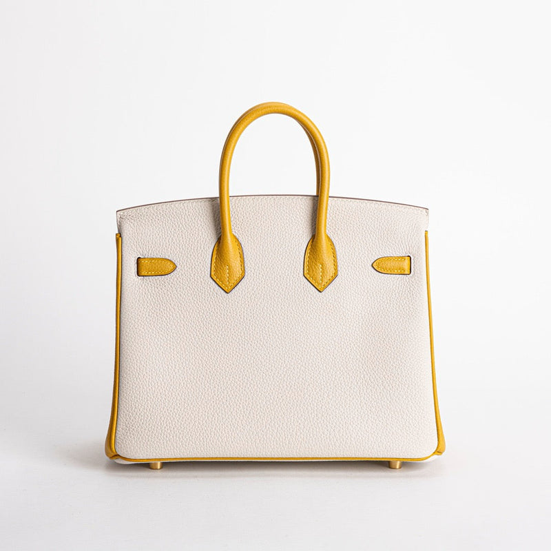 BIRKIN 25 TOGO LEATHER HORSESHOE STAMP (HSS) BI-COLOR CRAIE & JAUNE AMBRE WITH BRUSHED GOLD HARDWARE (BGHW)