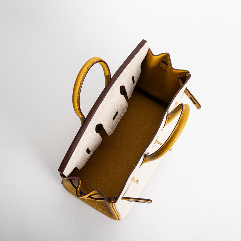 BIRKIN 25 TOGO LEATHER HORSESHOE STAMP (HSS) BI-COLOR CRAIE & JAUNE AMBRE WITH BRUSHED GOLD HARDWARE (BGHW)