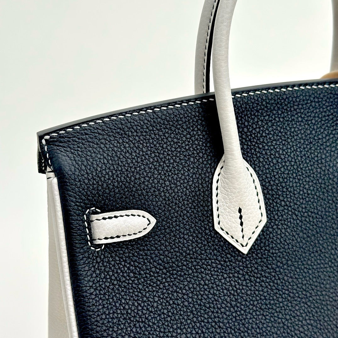BIRKIN 25 TOGO LEATHER HORSESHOE STAMP (HSS) BI-COLOR NOIR (BLACK) & WHITE WITH PALLADIUM HARDWARE (PHW)