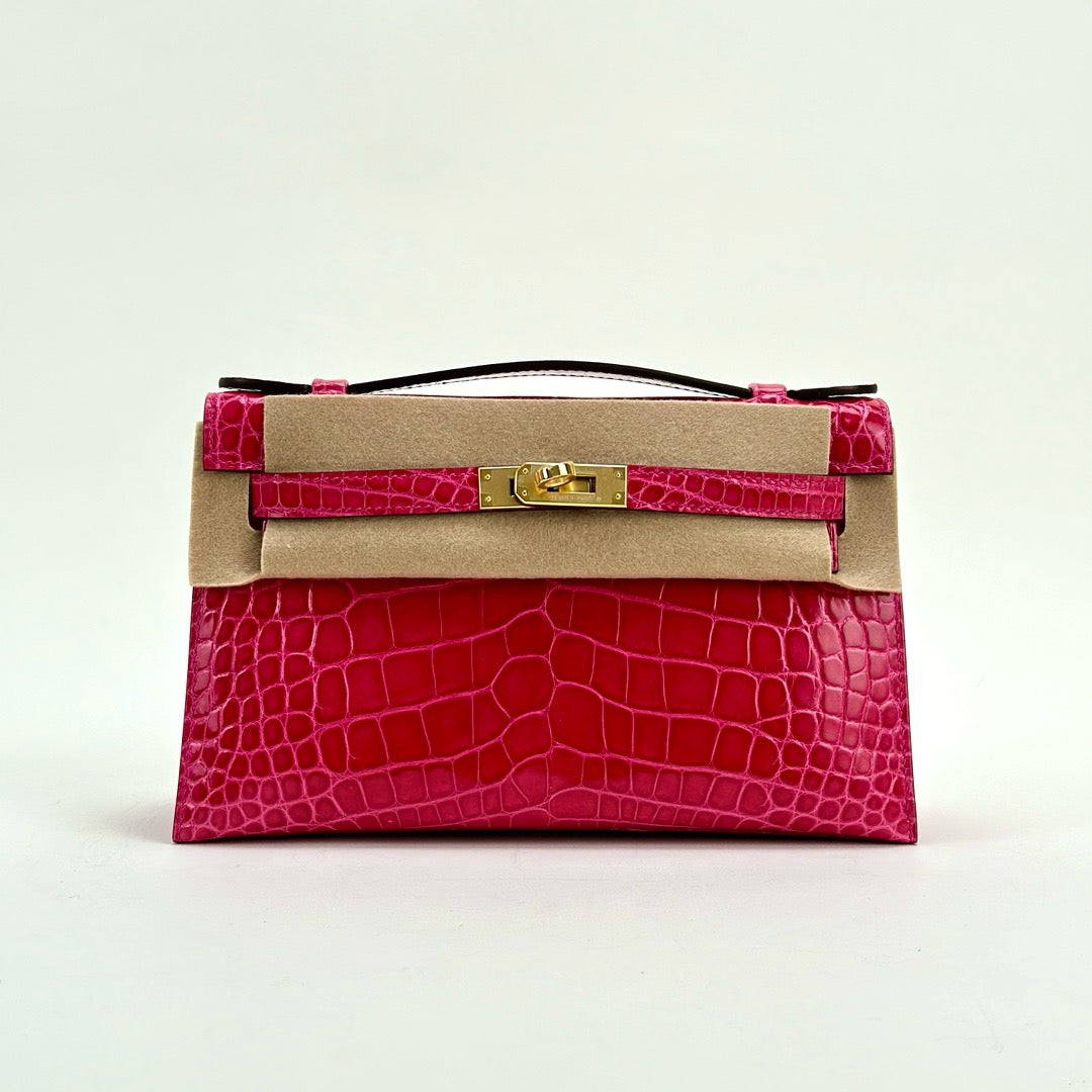 KELLY POCHETTE SHINY MISSISSIPPIENSIS ALLIGATOR LEATHER ROSE EXTREME WITH GOLD HARDWARE (GHW)