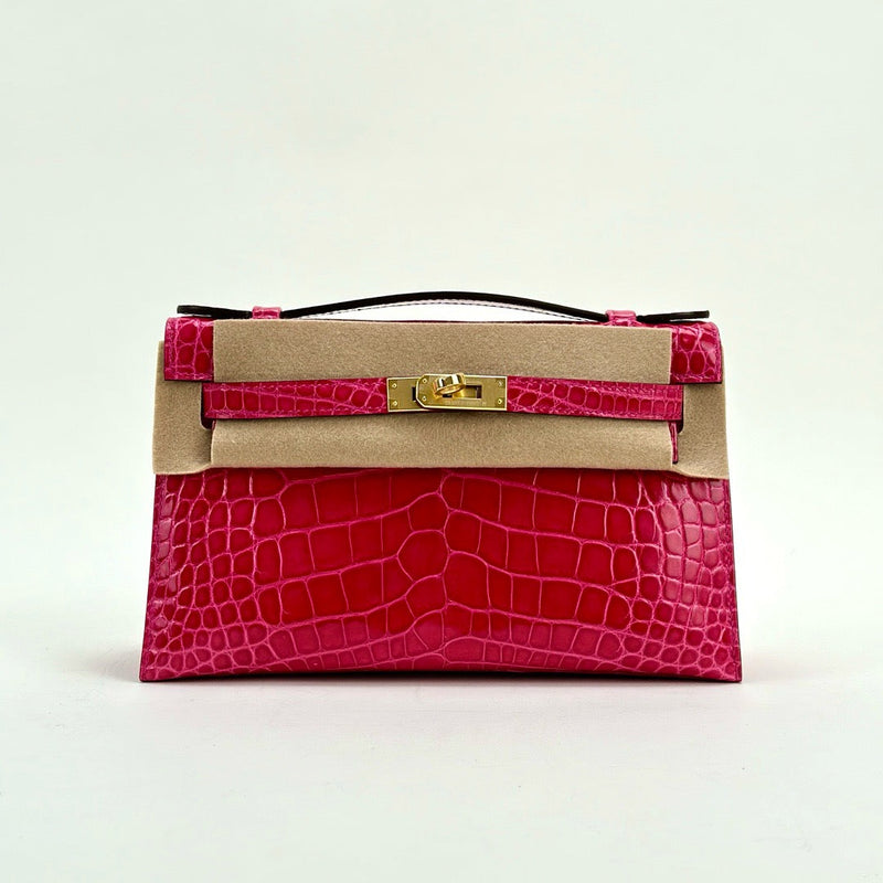 KELLY POCHETTE SHINY MISSISSIPPIENSIS ALLIGATOR LEATHER ROSE EXTREME WITH GOLD HARDWARE (GHW)