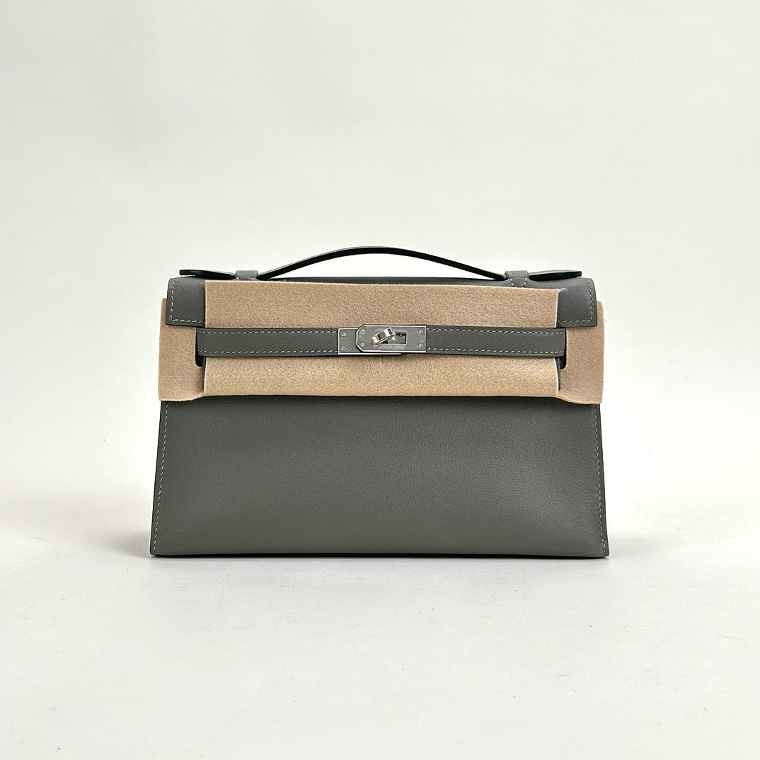 KELLY POCHETTE SWIFT LEATHER GRIS MEYER WITH PALLADIUM HARDWARE (PHW)