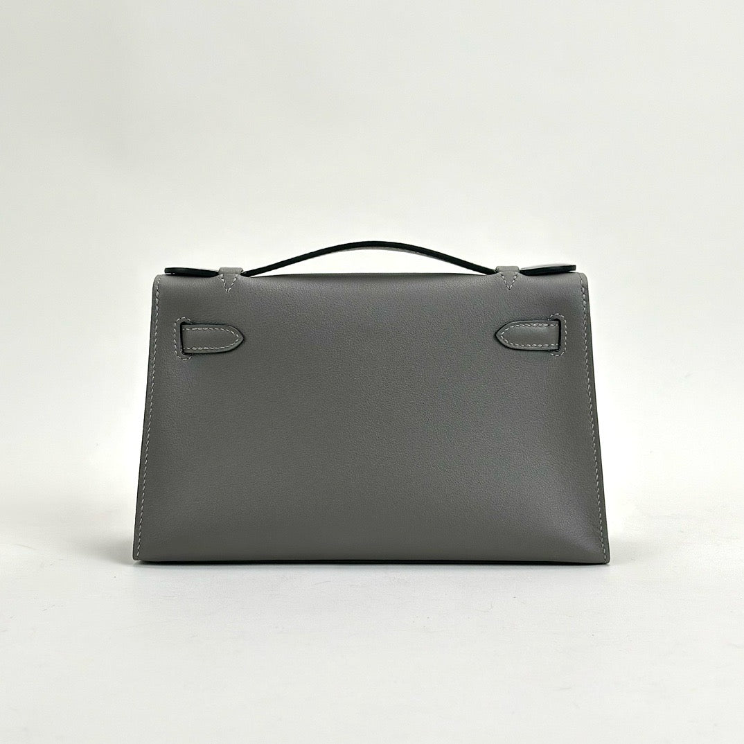 KELLY POCHETTE SWIFT LEATHER GRIS MEYER WITH PALLADIUM HARDWARE (PHW)