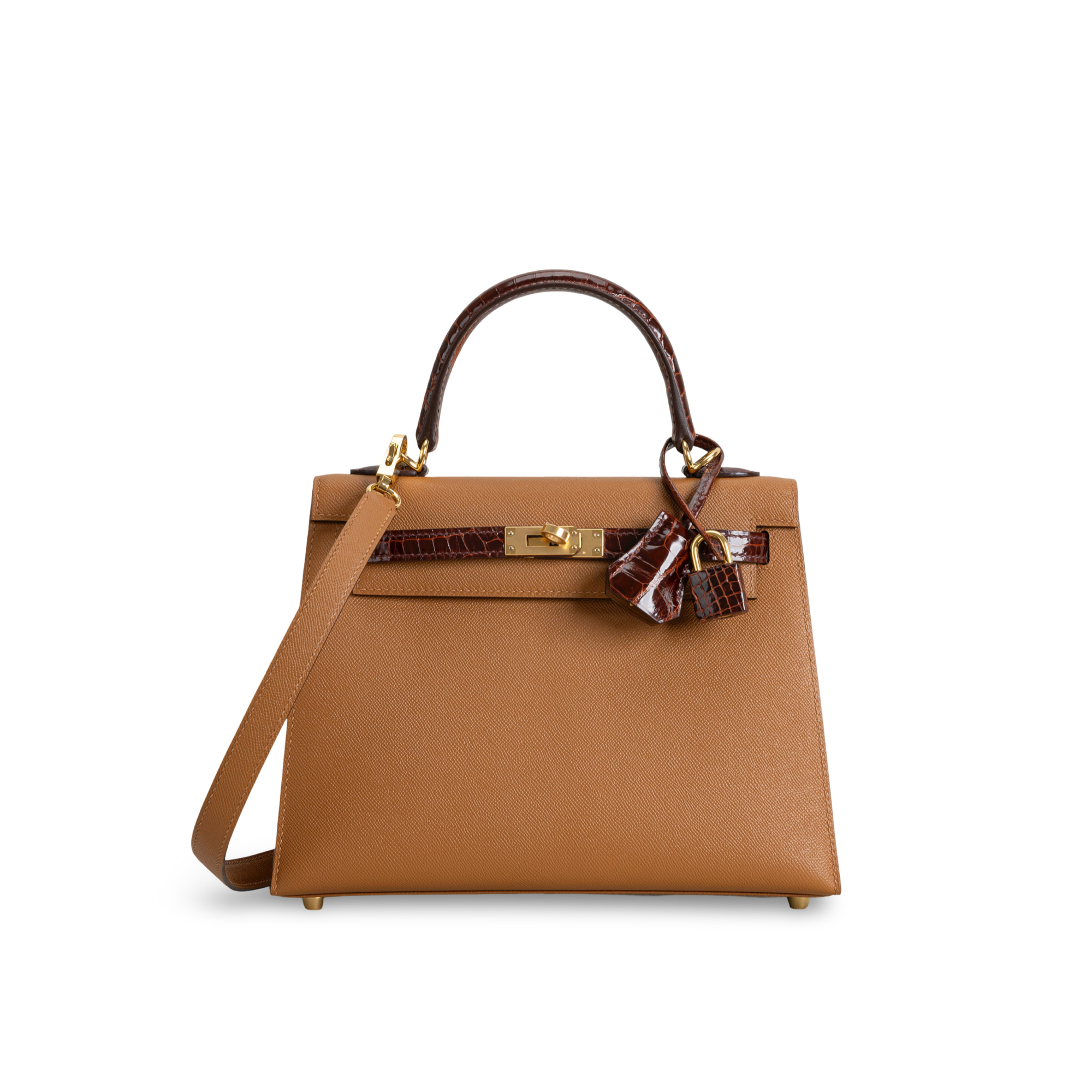 KELLY 25 SHINY (LISSE) TOUCH SHINY MISSISSIPPIENSIS ALLIGATOR LEATHER MIEL & EPSOM LEATHER GOLD WITH GOLD HARDWARE (GHW)