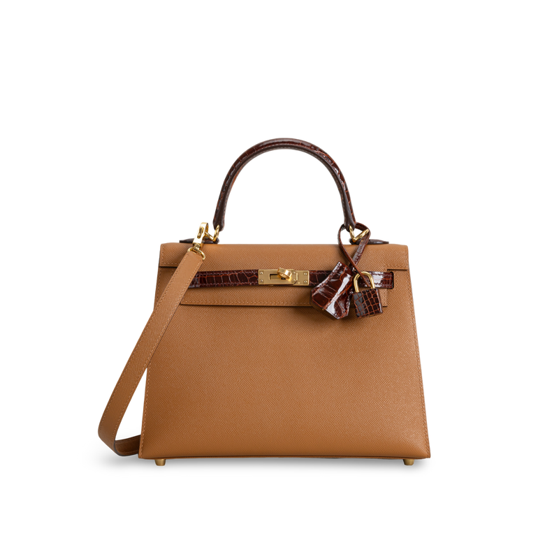KELLY 25 SHINY (LISSE) TOUCH SHINY MISSISSIPPIENSIS ALLIGATOR LEATHER MIEL & EPSOM LEATHER GOLD WITH GOLD HARDWARE (GHW)