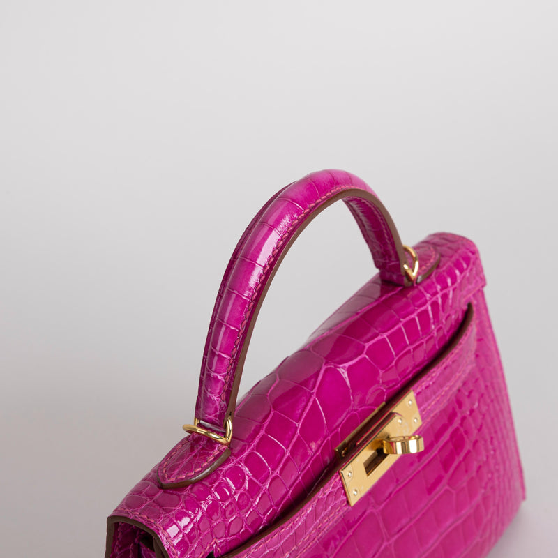 MINI KELLY II (20) SHINY (LISSE) MISSISSIPPIENSIS ALLIGATOR LEATHER ROSE SCHEHERAZADE WITH GOLD HARDWARE (GHW)
