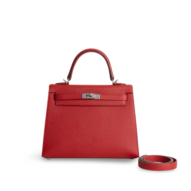 KELLY 25 EPSOM LEATHER ROUGE CASAQUE WITH PALLADIUM HARDWARE (PHW)