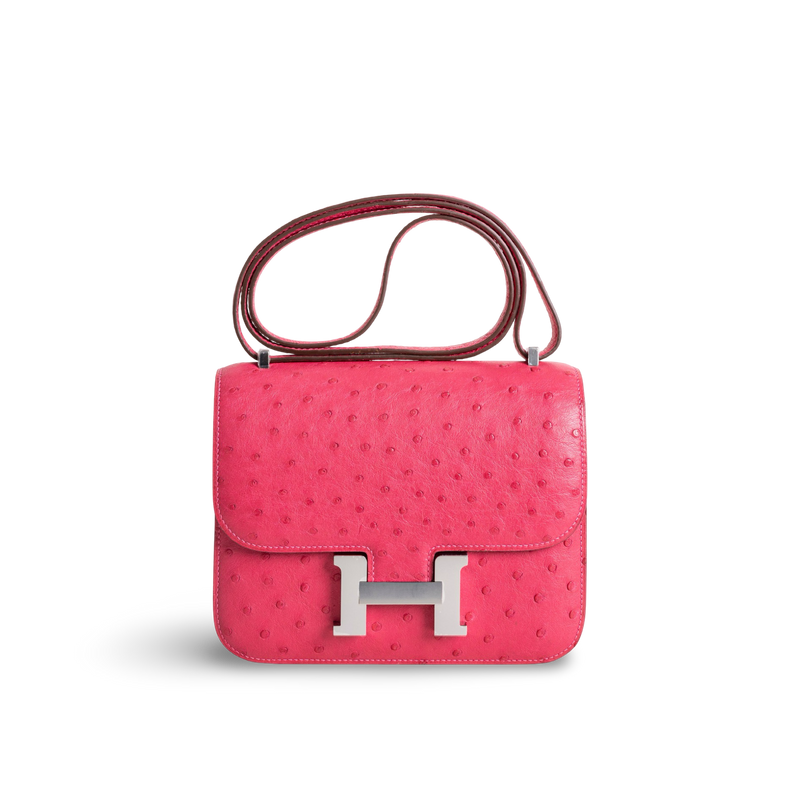 CONSTANCE 18 (MINI) OSTRICH LEATHER ROSE TYRIEN WITH PALLADIUM HARDWARE (PHW)
