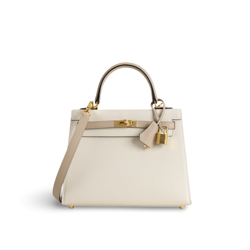 KELLY 25 EPSOM LEATHER HORSESHOE STAMP (HSS) BI-COLOR CRAIE & TRENCH WITH GOLD HARDWARE (GHW)