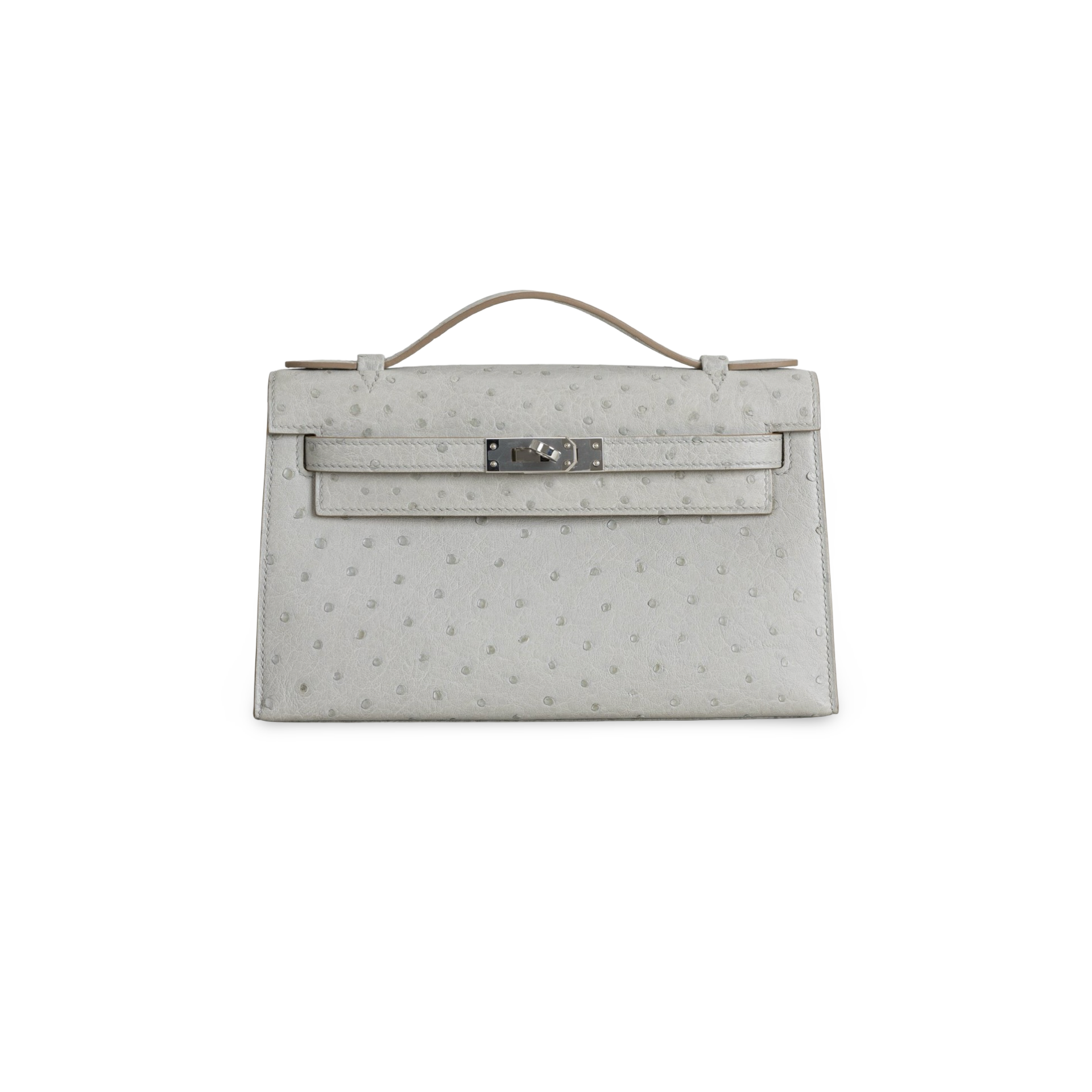 KELLY POCHETTE OSTRICH LEATHER GRIS PERLE WITH PALLADIUM HARDWARE (PHW)
