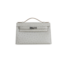 KELLY POCHETTE OSTRICH LEATHER GRIS PERLE WITH PALLADIUM HARDWARE (PHW)