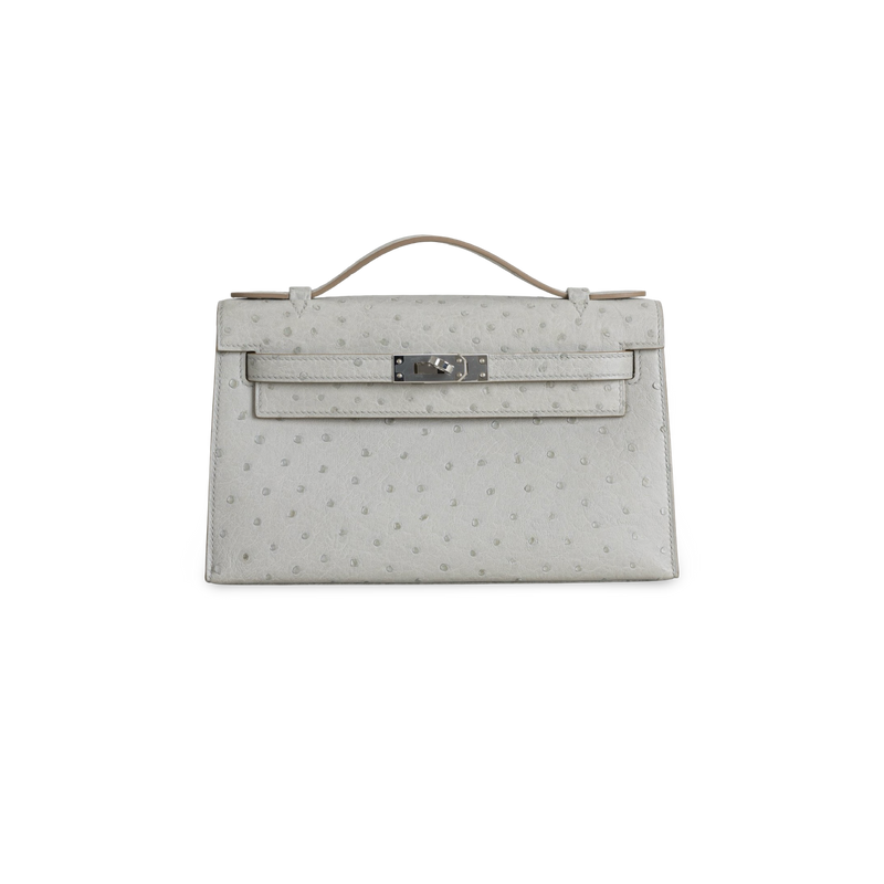 KELLY POCHETTE OSTRICH LEATHER GRIS PERLE WITH PALLADIUM HARDWARE (PHW)