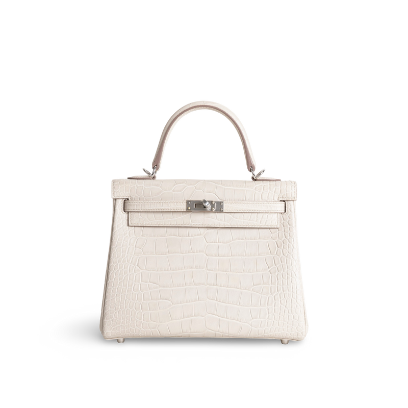 KELLY 25 MATTE MISSISSIPPIENSIS ALLIGATOR LEATHER BETON WITH PALLADIUM HARDWARE (PHW)