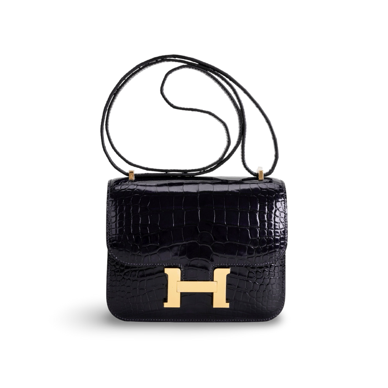 CONSTANCE 18 (MINI) SHINY MISSISSIPPIENSIS ALLIGATOR LEATHER NOIR (BLACK) WITH GOLD HARDWARE (GHW)