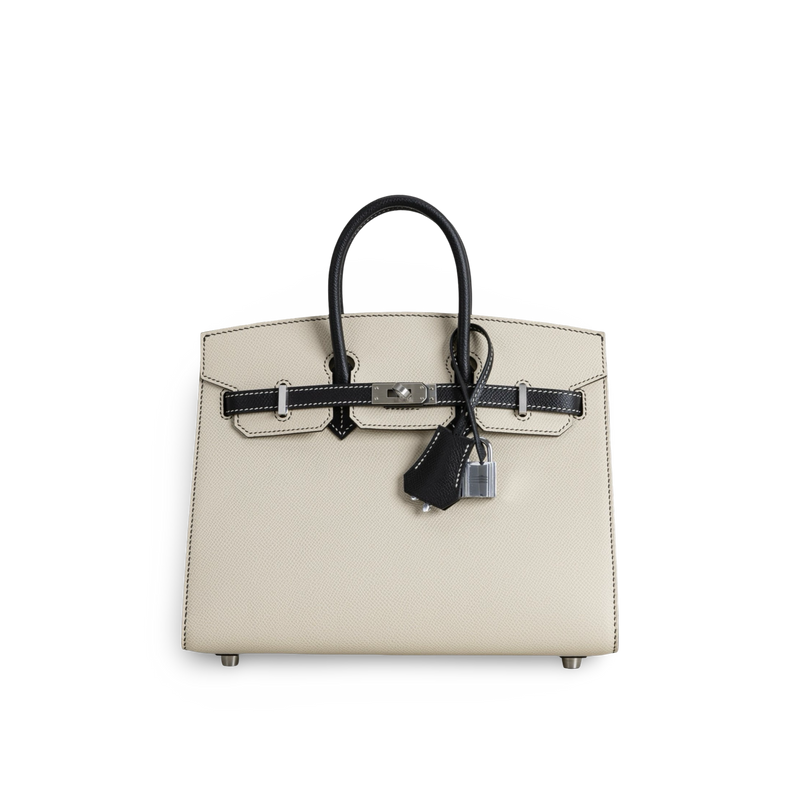 BIRKIN 25 EPSOM LEATHER (SELLIER SHAPE) HORSESHOE STAMP (HSS) BI-COLOR NATA & NOIR (BLACK) WITH PALLADIUM HARDWARE (PHW)