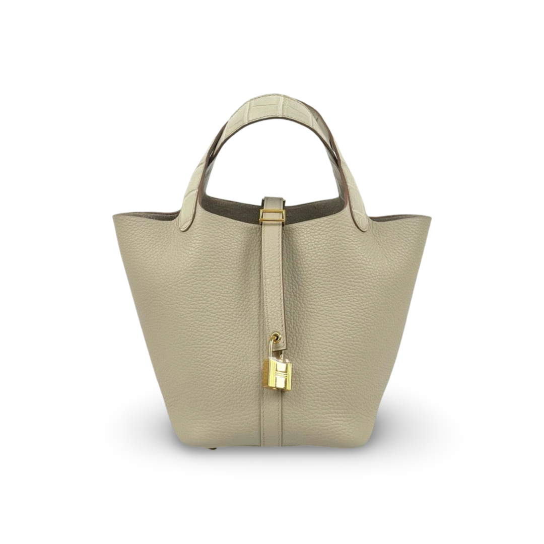 PICOTIN 18 TOUCH CLEMENCE LEATHER & MATTE MISSISSIPPIENSIS ALLIGATOR BETON WITH GOLD HARDWARE (GHW)