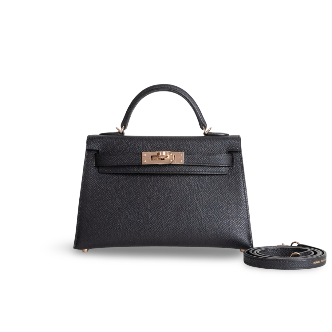 MINI KELLY II (20) EPSOM LEATHER NOIR (BLACK) WITH ROSE GOLD HARDWARE (RGHW)