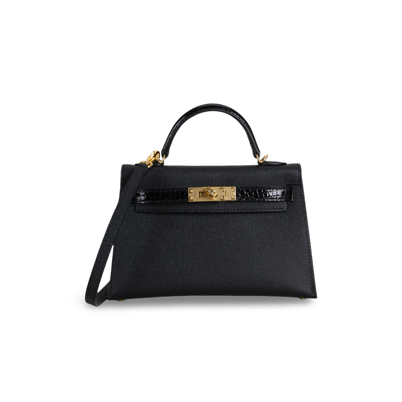 MINI KELLY II (20) TOUCH SHINY MISSISSIPPIENSIS ALLIGATOR LEATHER & EPSOM LEATHER NOIR (BLACK) WITH GOLD HARDWARE (GHW)