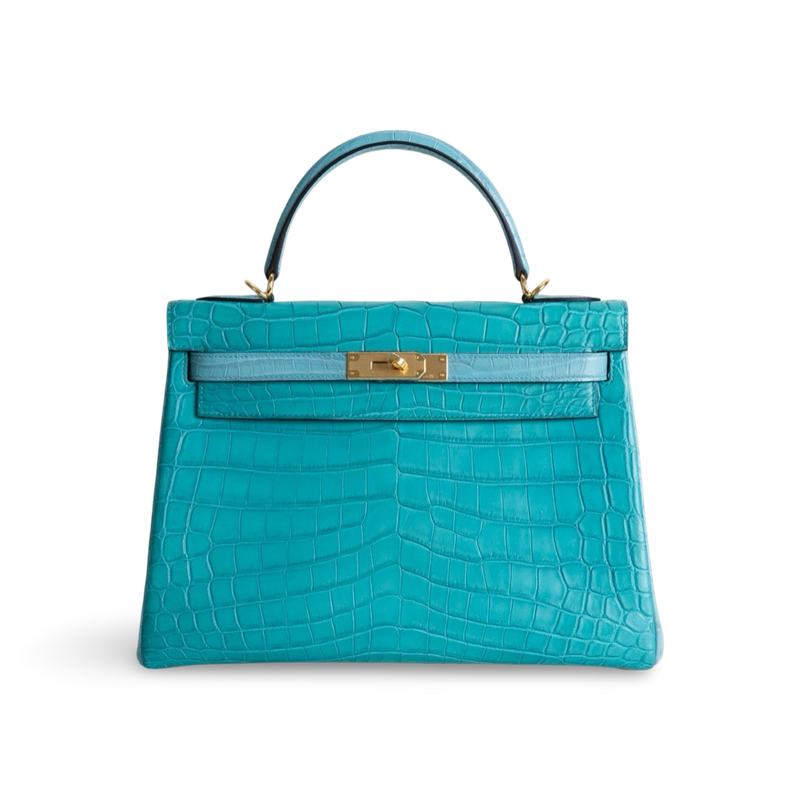 KELLY 32 MATTE NILOTICUS CROCODILE LEATHER HORSESHOE STAMP (HSS) BI-COLOR BLEU PAON & BLEU SAINT CYR WITH GOLD HARDWARE (GHW)