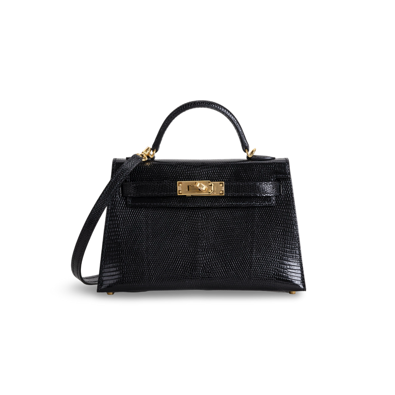 MINI KELLY II (20) LIZARD LEATHER NOIR (BLACK) WITH GOLD HARDWARE (GHW)