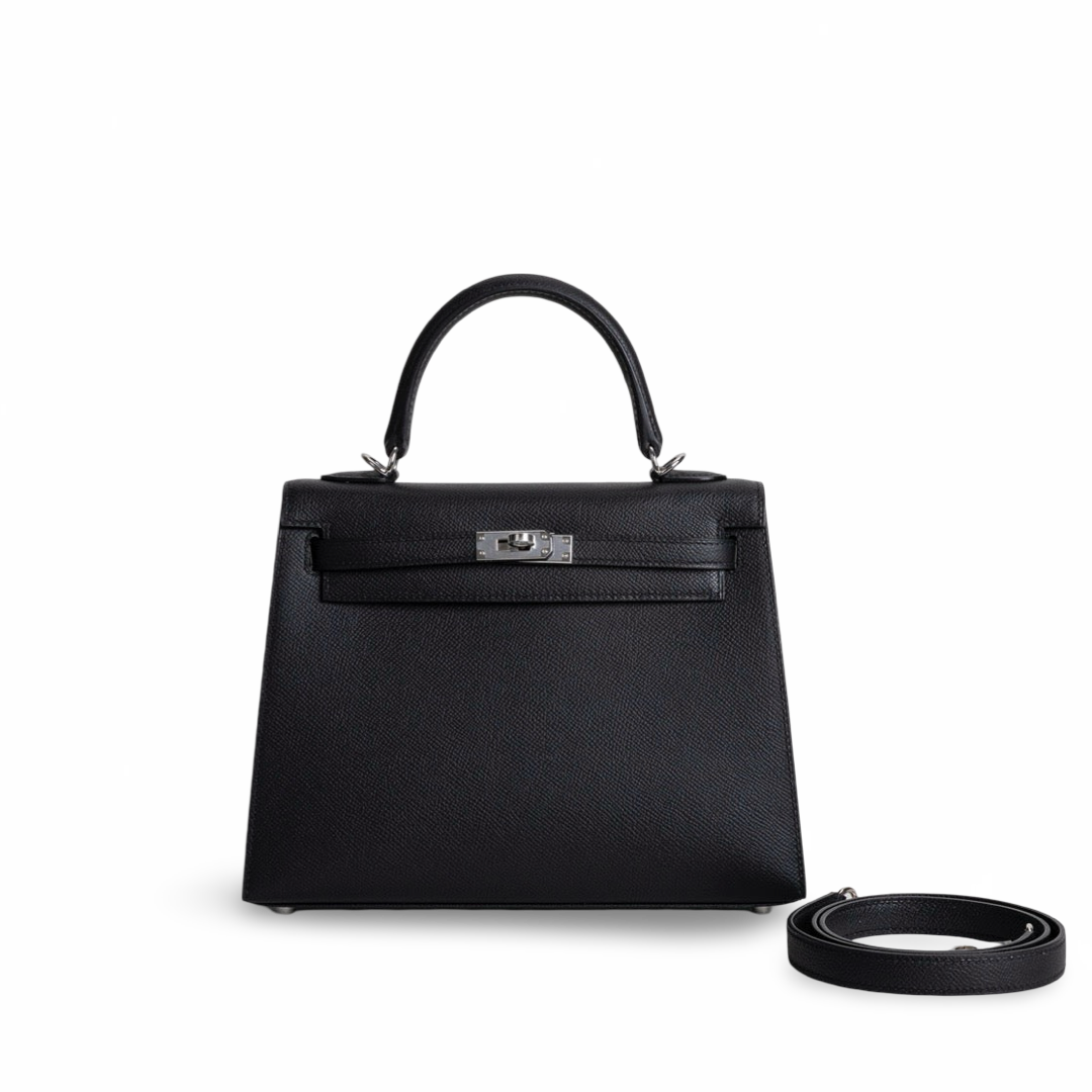 KELLY 25 EPSOM LEATHER NOIR (BLACK) WITH PALLADIUM HARDWARE (PHW)