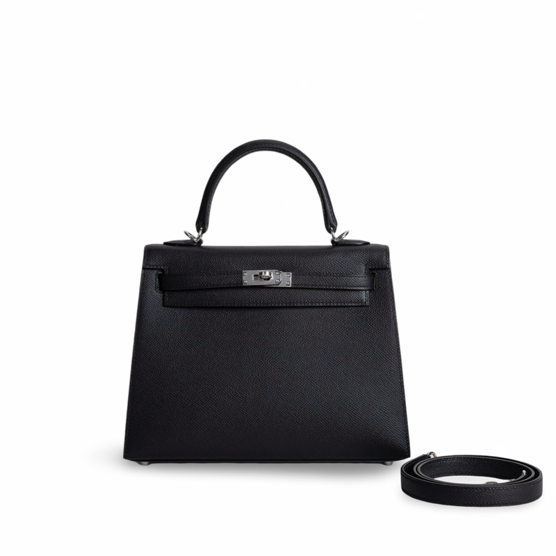 KELLY 25 EPSOM LEATHER NOIR (BLACK) WITH PALLADIUM HARDWARE (PHW)