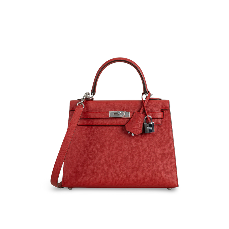 KELLY 25 EPSOM LEATHER ROUGE CASAQUE WITH PALLADIUM HARDWARE (PHW)