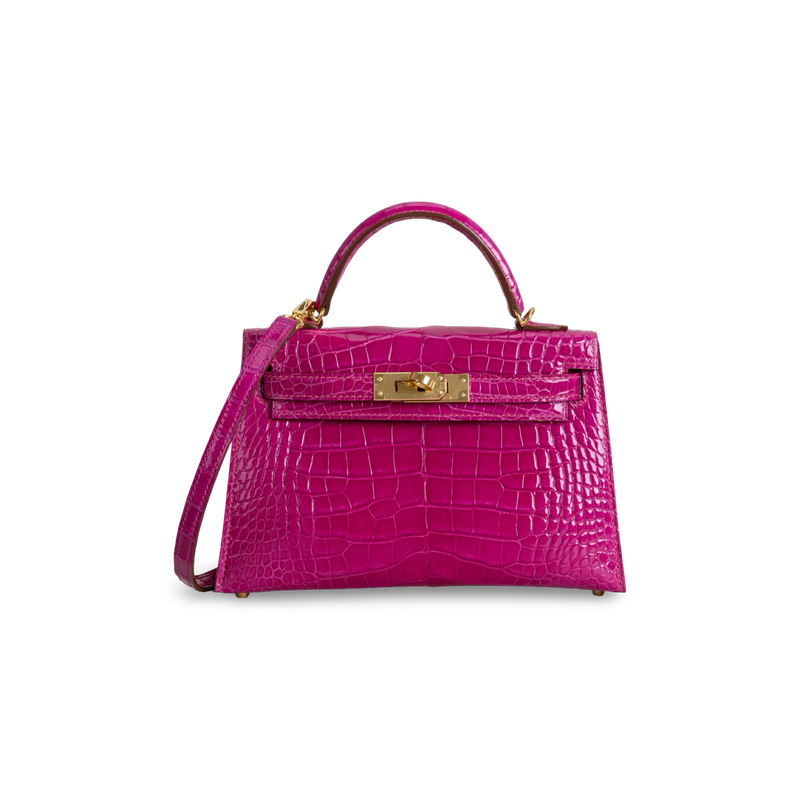 MINI KELLY II (20) SHINY (LISSE) MISSISSIPPIENSIS ALLIGATOR LEATHER ROSE SCHEHERAZADE WITH GOLD HARDWARE (GHW)