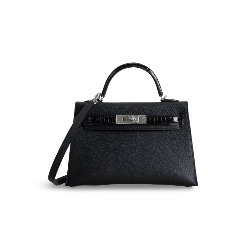 MINI KELLY II (20) TOUCH SHINY MISSISSIPPIENSIS ALLIGATOR LEATHER & EPSOM LEATHER NOIR (BLACK) WITH PALLADIUM HARDWARE (PHW)