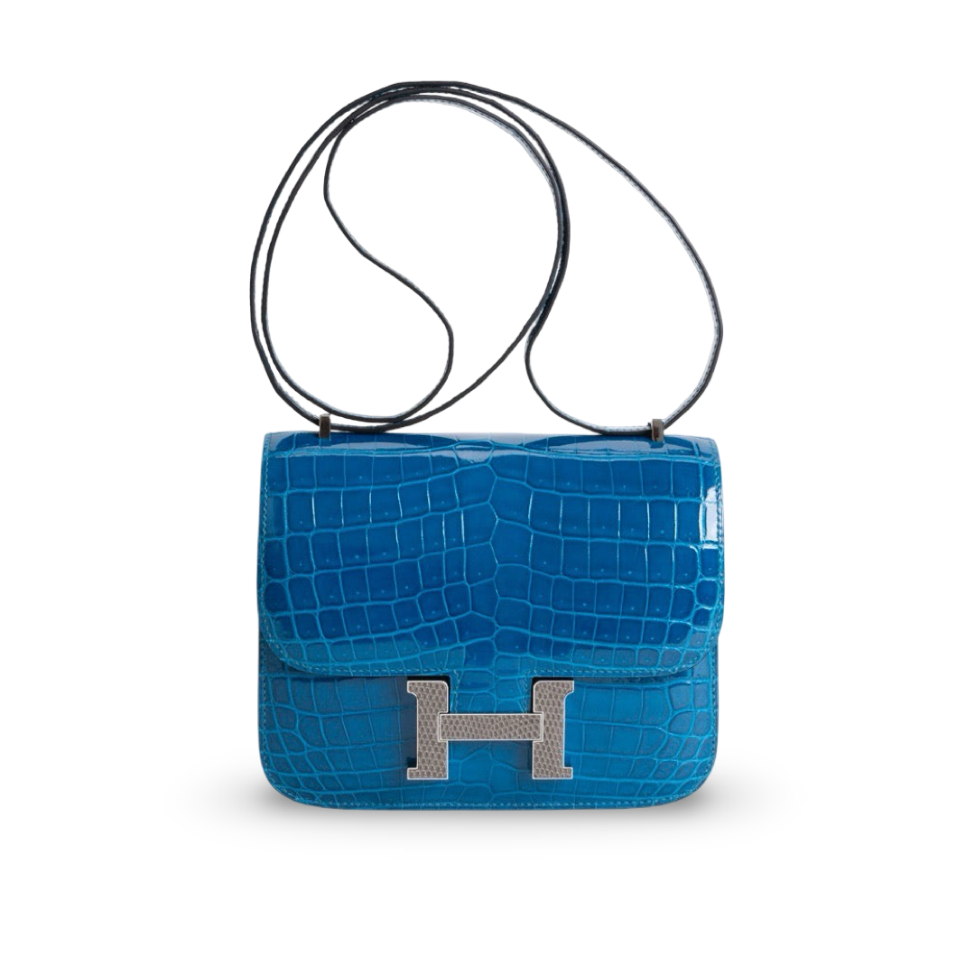 CONSTANCE 18 (MINI) SHINY (LISSE) NILOTICUS CROCODILE LEATHER BLEU IZMIR WITH PALLADIUM HARDWARE (PHW) LIZARD BUCKLE