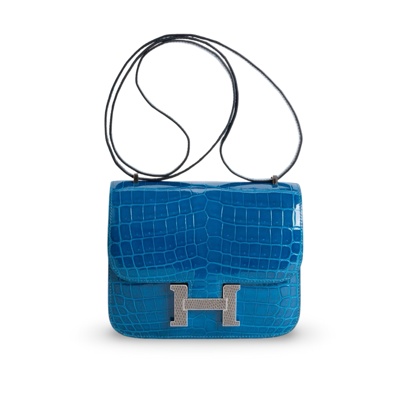 CONSTANCE 18 (MINI) SHINY (LISSE) NILOTICUS CROCODILE LEATHER BLEU IZMIR WITH PALLADIUM HARDWARE (PHW) LIZARD BUCKLE