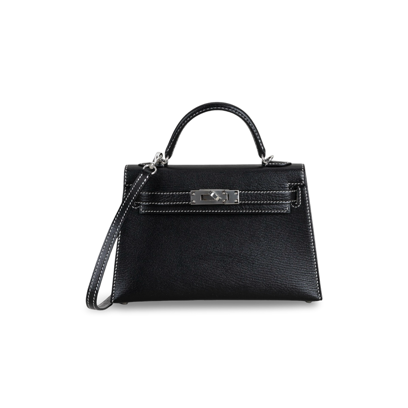 MINI KELLY II (20) CHEVRE LEATHER HORSESHOE STAMP (HSS) NOIR (BLACK) & GRIS PERLE WITH PALLADIUM HARDWARE (PHW)