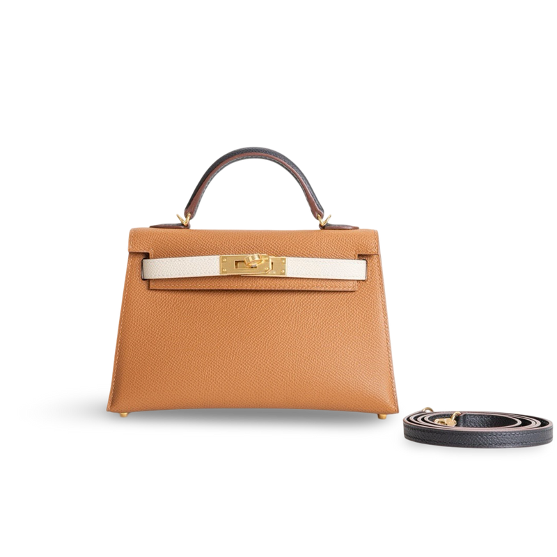 MINI KELLY II (20) EPSOM LEATHER HORSESHOE STAMP (HSS) GOLD & CRAIE & NOIR (BLACK) WITH GOLD HARDWARE (GHW)