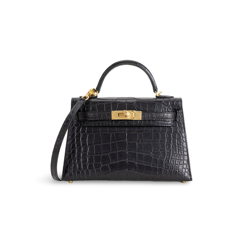 MINI KELLY II (20) MATTE MISSISSIPPIENSIS ALLIGATOR LEATHER NOIR (BLACK) WITH GOLD HARDWARE (GHW)