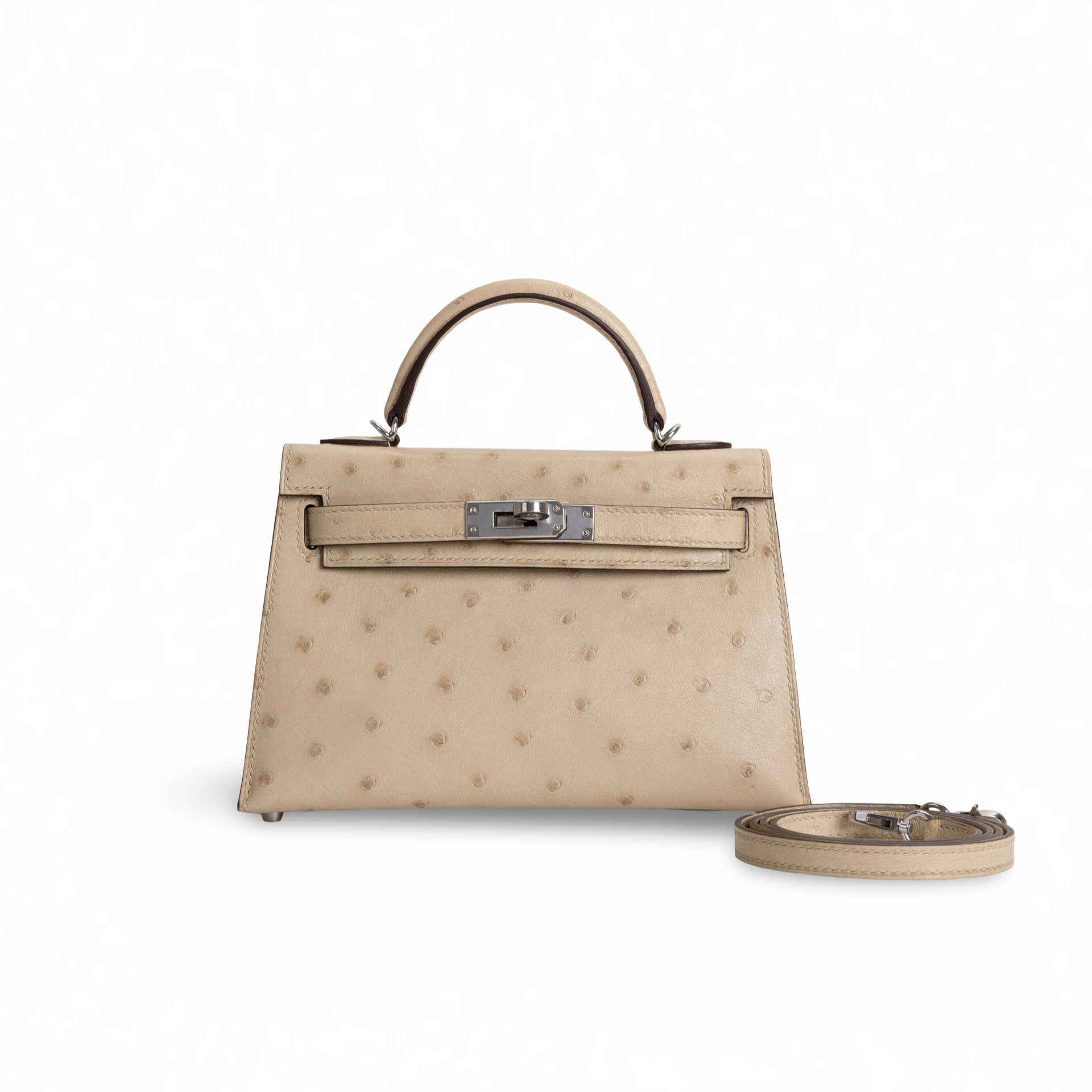MINI KELLY II (20) OSTRICH LEATHER PARCHEMIN WITH PALLADIUM HARDWARE (PHW)