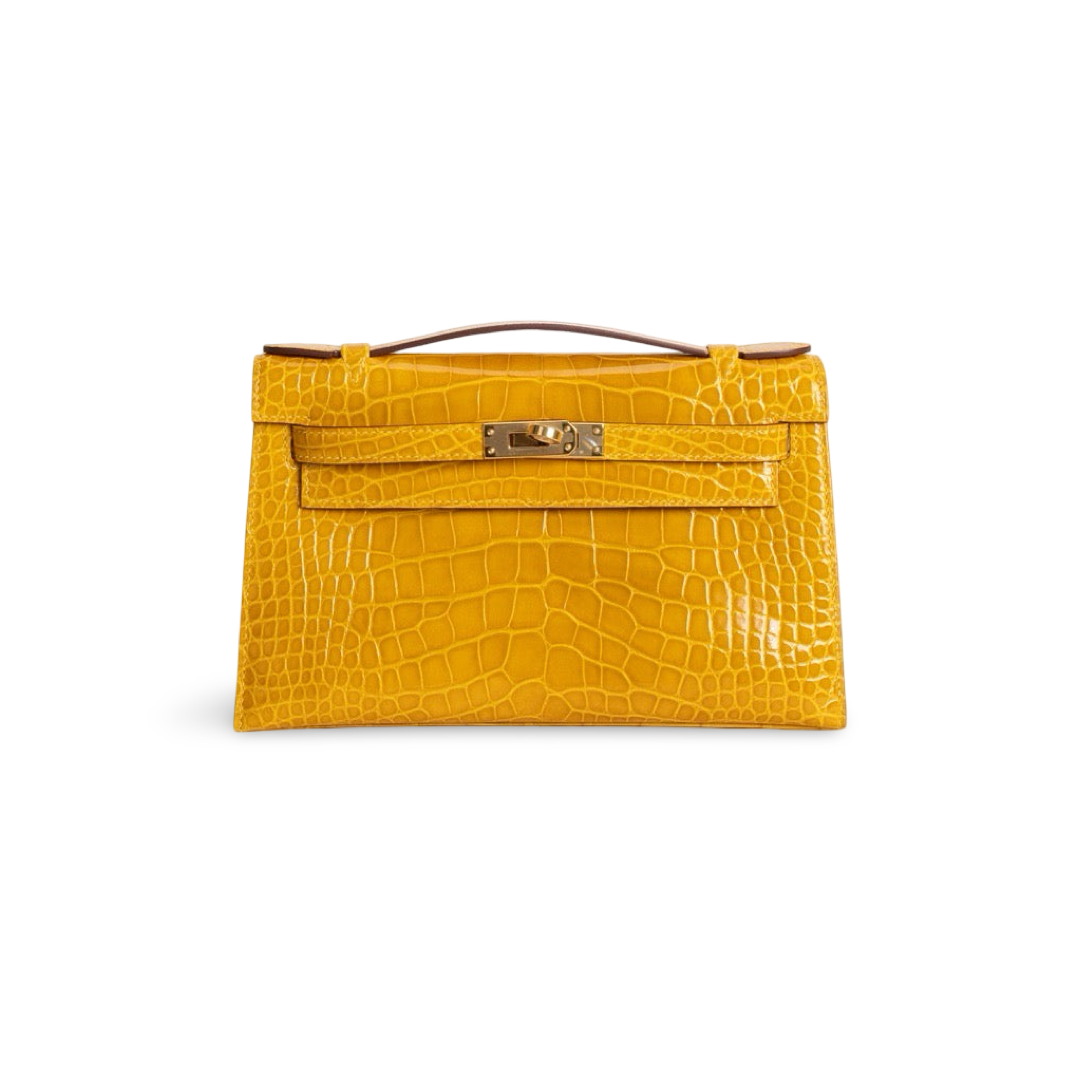 KELLY POCHETTE SHINY MISSISSIPPIENSIS ALLIGATOR LEATHER JAUNE AMBRE WITH GOLD HARDWARE (GHW)