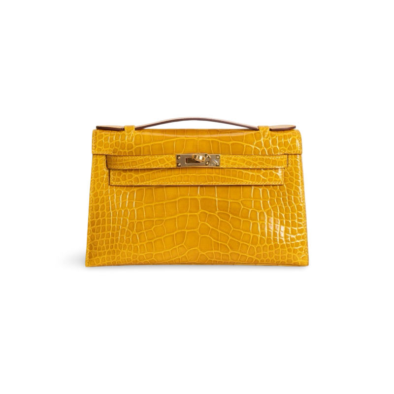 KELLY POCHETTE SHINY MISSISSIPPIENSIS ALLIGATOR LEATHER JAUNE AMBRE WITH GOLD HARDWARE (GHW)