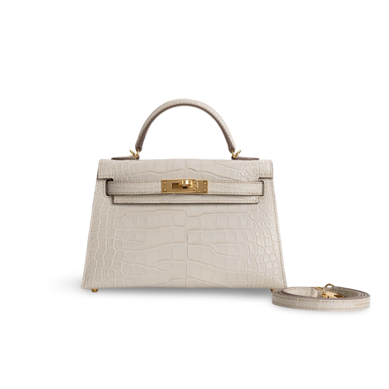 MINI KELLY II (20) MATTE MISSISSIPPIENSIS ALLIGATOR LEATHER BETON WITH GOLD HARDWARE (GHW)